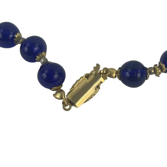 Vintage Blue Italian Millifore Bead Necklace With Floral Accents & Gold Clasp - Picture 7 of 11